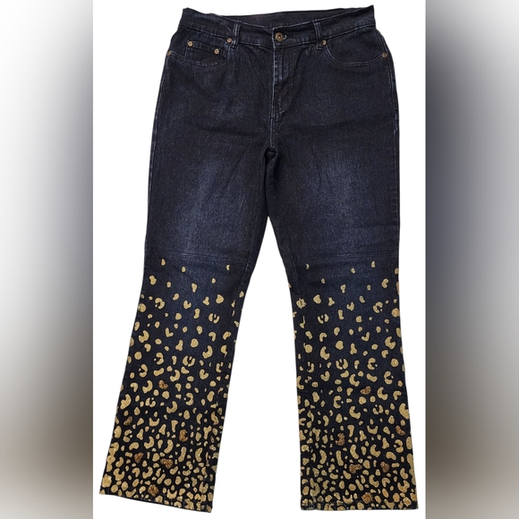 DG2 by Diane Gilman Gold Glitter Embroidered Denim Blue Jeans Women's 6 - Picture 1 of 11